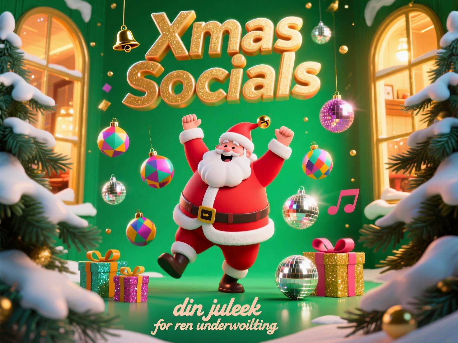 Illustrasjon av en koselig stue med julepynt og venner som spiller XmasSocials på en datamaskin.